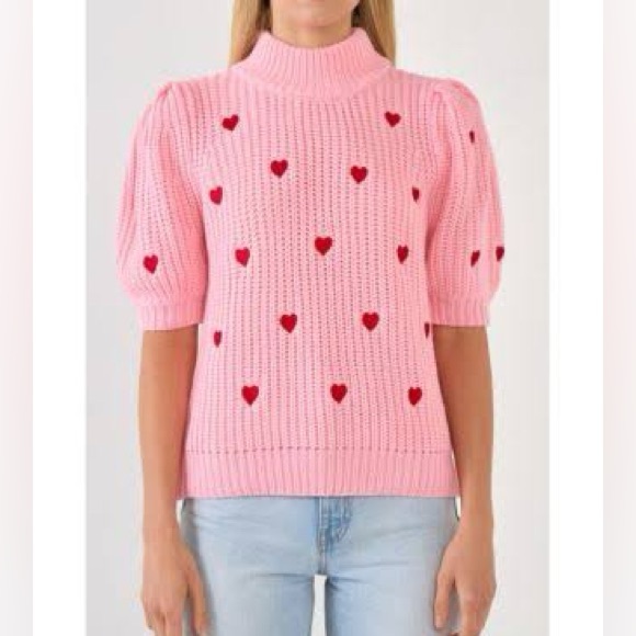 NWT English factory Pink red Heart embroidered puff sleeve Sweater - Picture 2 of 3